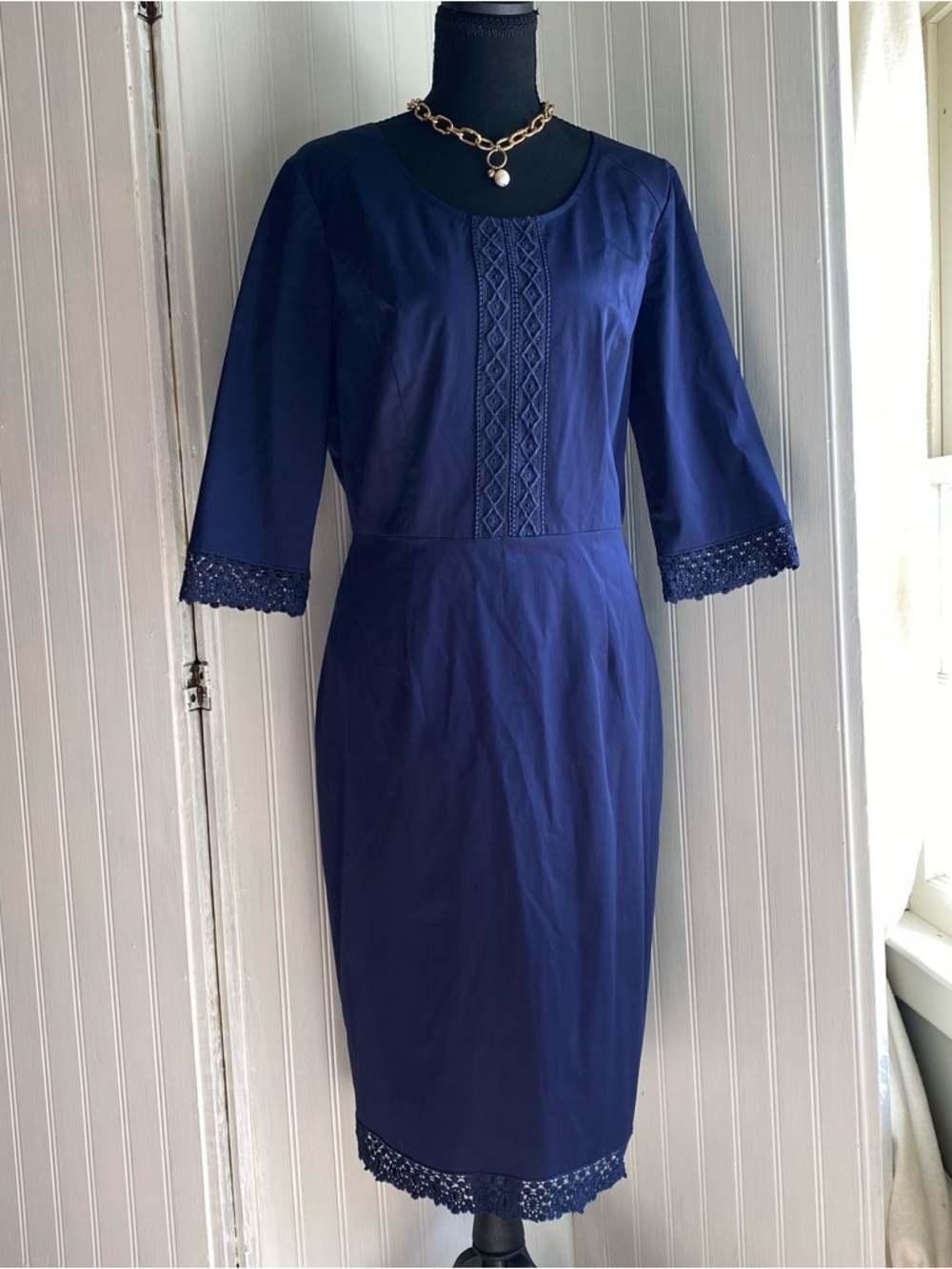 J. Peterman Navy Blue Lace-Trim Long Sleeve Sheath Dress 3/4 sleeves